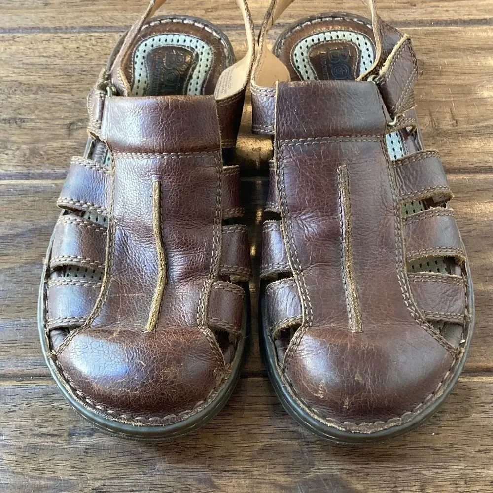 Born Whigham Men’s Sandal 10M Fisherman Style Brown Leather Hook & Loop